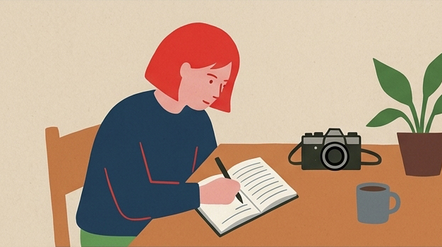 カメラのそばで日記を書くMari、机の上には観葉植物と京都の版画