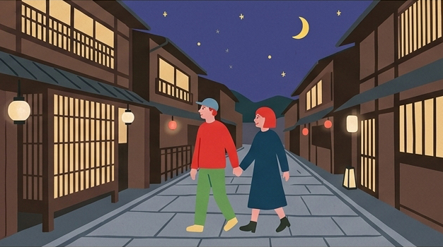 五重塔が見える京都の路地を並んで歩くKoseとMari